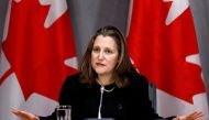 FILE PHOTO: Canada's Deputy Prime Minister Chrystia Freeland attends a news conference on the coronavirus disease (COVID-19) outbreak on Parliament Hill in Ottawa, Ontario, Canada March 19, 2020. REUTERS/Blair Gable/File Photo
