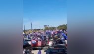 A convoy of U.S. President Donald Trump supporters gather on a street in San Antonio, Texas, U.S., in this still image taken from social media video, November 1, 2020. Twitter @ JDEEDS04/via REUTERS