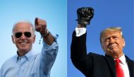 This combination of pictures created on October 30, 2020 shows Democratic Presidential candidate and former US Vice President Joe Biden gestures prior to delivering remarks at a Drive-in event in Coconut Creek, Florida, on October 29, 2020 and US Presiden