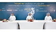 QDB CEO Abdulaziz bin Nasser Al Khalifa (centre) and QDB Head of Marketing and Communications Soud Al Boinin (right) addressing a virtual press conference, in Doha yesterday.