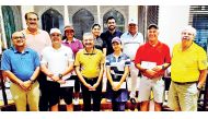 Prize winners of the 196th monthly Golf tournament organised by Qatar Golf Lovers posing for a photograph with Officials. FROM LEFT: Qatar Golf Lovers Vice-President Sanjay Jain, President Manoj Megchiani, Rahul Kumar, Rukkaiyya Pachisa, Ambassador Mittal