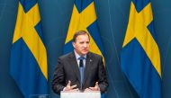 Swedish Prime Minister Stefan Lofven gives a press conference about the situation of the coronavirus COVID-19 pandemic, at the government headquarters in Stockholm, Sweden, on November 3, 2020. / AFP / Jonathan NACKSTRAND