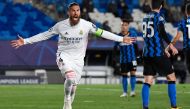 Real Madrid's Spanish defender Sergio Ramos celebrates his goal during the UEFA Champions League group B football match between Real Madrid and Inter Milan at the Alfredo di Stefano stadium in Valdebebas, on the outskirts of Madrid, on November 3, 2020. /