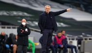 Tottenham Hotspur's Portuguese head coach Jose Mourinho (C) gestures from the sidelines during the English Premier League football match between Tottenham Hotspur and Brighton and Hove Albion at Tottenham Hotspur Stadium in London, on November 1, 2020.  /