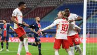 Soccer Football - Champions League - Group H - RB Leipzig v Paris St Germain - Red Bull Arena, Leipzig, Germany - November 4, 2020 RB Leipzig’s Emil Forsberg celebrates scoring their second goal with teammates REUTERS/Annegret Hilse
