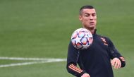 Juventus' Portuguese forward Cristiano Ronaldo controls a ball as he takes part in a training session at The 'Juventus Training Centre' in Turin on November 3, 2020, on the eve of the UEFA Champions League Group G football match between Ferencvaros and Ju