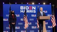 U.S Democratic presidential nominee Joe Biden speaks about election results next to vice presidential nominee Kamala Harris in Wilmington, Delaware, U.S., November 6, 2020. REUTERS/Kevin Lamarque
