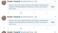 This image taken from Twitter shows a page from @realDonaldTrump on November 7, 2020, with flagged tweets. US President Donald Trump, whose bid for reelection looked increasingly unlikely, showed no signs of conceding, blasting off a series of morning twe