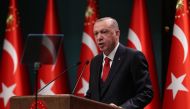 Turkish President Recep Tayyip Erdogan makes a speech after cabinet meeting at Presidential Complex in Ankara on November 3, 2020. / AFP / Adem ALTAN
