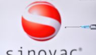 An illustration picture shows a drop from a syringe with the logo of Chinese biopharmaceutical company Sinovac on November 17, 2020. / AFP / JUSTIN TALLIS
