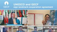 Clockwise from top left: Yury Sentyurin and Shamila Nair-Bedouelle hold up the signed copies of the MoU as officials from Unesco regional office and the GECF Secretariat look on.
