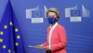 uropean Commission President Ursula von der Leyen arrives for a press statement following a phone call meeting with Britain's Prime Minister, at the European Commission in Brussels on December 13, 2020. A negotiations phase of eleven months that started o