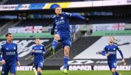 Leicester City's Jamie Vardy celebrates scoring their first goal Pool via REUTERS/Andy Rain