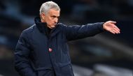 Tottenham Hotspur's Portuguese head coach Jose Mourinho reacts during the English Premier League football match between Tottenham Hotspur and Leicester City at Tottenham Hotspur Stadium in London, on December 20, 2020.  AFP / Andy Rain 