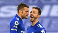 Leicester City's Jamie Vardy celebrates scoring their second goal with James Maddison Pool via REUTERS/Michael Regan 
