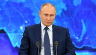 Russian President Vladimir Putin attends his annual end-of-year news conference, held online in a video conference mode, at the Novo-Ogaryovo state residence outside Moscow, Russia December 17, 2020. Sputnik/Alexei Nikolsky/Kremlin via REUTERS
