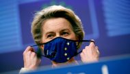 European Commission President Ursula von der Leyen wears a mask after giving a statement on the outcome of the Brexit negotiations, in Brussels, Belgium December 24, 2020. Francisco Seco/Pool via REUTERS 
