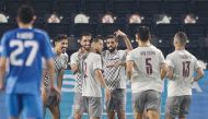 Al Sadd star Hassan Al Haydos (fourth left) celebates with goal-scorer Rodrigo Tabata (third left) and team mates during their team's 5-0 win over Al Kharaitiyat at Jassim Bin Hamad Stadium yesterday. QNB Stars League points leaders Al Sadd won 5-0. 
