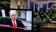 U.S. President donald trump is seen making remarks on a television monitor from the White House Briefing Room, after his supporters interrupted the certification by the U.S. Congress of the results of the 2020 U.S. presidential election at the Washington 