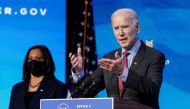 US President-elect Joe Biden speaks next to Vice President-elect Kamala Harris as he announces members of economics and jobs team at his transition headquarters in Wilmington, on January 8, 2021. (Reuters/Kevin Lamarque)