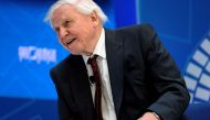 David Attenborough sits for an interview with IMF Managing Director Christine Lagarde during the Spring Meetings of the World Bank Group and IMF in Washington, U.S., April 11, 2019. REUTERS/James Lawler Duggan/File Photo