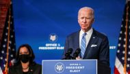 U.S. President-elect Joe Biden delivers remarks as Vice President-elect Kamala Harris looks on during a televised speech on the current economic and health crises at The Queen Theatre in Wilmington, Delaware, U.S., January 14, 2021. REUTERS/Tom Brenner