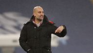 January 13, 2021 Manchester City manager Pep Guardiola during the match Pool via REUTERS/Clive Brunskill