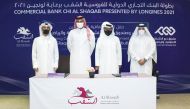 Abdulrahman bin Abdulatif Al Mannai (second right), Chief Executive Officer, Social & Sport Contribution Fund (Daam), is seen with  Khalifa Al Attiya (second left), Vice Chairman, Supreme Organizing Committee Commercial Bank CHI Al Shaqab Presented by Lon