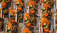 Indian soldiers wearing protective face masks march during the full dress rehearsal for the Republic Day parade in New Delhi, India, January 23, 2021. REUTERS/Adnan Abidi
