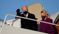 U.S. President-elect Joe Biden and his wife Jill disembark a plane at Joint Base Andrews in Maryland, U.S. January 19, 2021. REUTERS/Tom Brenner
