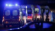 Ambulances with COVID-19 patients are seen waiting in Santa Maria hospital, as COVID-19 patients are being transferred from another hospital after a oxygen supply malfunction, amid the coronavirus disease (COVID-19) pandemic in Lisbon, Portugal, January 2