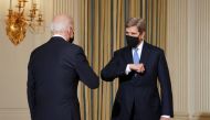 White House climate envoy John Kerry greets U.S. President Joe Biden as Biden arrives to speak about tackling climate at the White House in Washington, US, January 27, 2021. Reuters/Kevin Lamarque