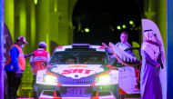 Ireland’s Kris Meeke and his English navigator Sebastien Marshall during the ceremonial flag off of the 2021 Qatar International Rally at Katara yesterday.