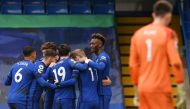 January 31, 2021 Chelsea's Cesar Azpilicueta celebrates scoring their first goal with teammates Pool via REUTERS/Justin Tallis