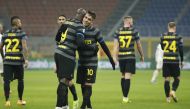 Inter Milan's Romelu Lukaku celebrates scoring their third goal with Lautaro Martinez REUTERS/Alessandro Garofalo