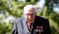 Retired British Army Captain Tom Moore, 99, raises money for health workers by attempting to walk the length of his garden one hundred times before his 100th birthday this month as the spread of coronavirus disease (COVID-19) continues, Marston Moretaine,