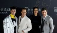 Cast members Ezra Miller, Jude Law, Katherine Waterston and Eddie Redmayne attend a promotion for the movie 
