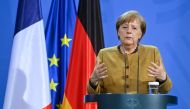 German Chancellor Angela Merkel gives a press conference with French President Emmanuel Macron (not pictured) after German-French Security Council video talks, in Berlin, Germany February 5, 2021. John Macdougall/Pool via REUTERS