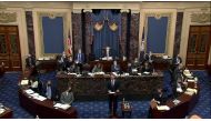 U.S. House impeachment manager Rep. Eric Swalwell (D-CA) delivers part of the impeachment managers’ opening argument in the impeachment trial of former President Donald Trump, on charges of inciting the deadly attack on the U.S. Capitol, on the floor of t