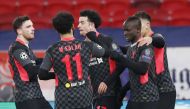 Soccer Football - Champions League - Round of 16 First Leg - RB Leipzig v Liverpool - Puskas Arena, Budapest, Hungary - February 16, 2021 Liverpool's Sadio Mane celebrates scoring their second goal with teammates REUTERS/Bernadett Szabo
