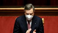 Newly installed Italian Prime Minister Mario Draghi applauds following the speech of the Senate speaker, before addressing the Senate and submitting his government to a vote of confidence, in Rome, Italy, February 17, 2021. Alberto Pizzoli/Pool via Reuter