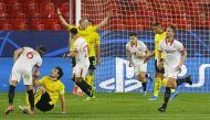 Soccer Football- Champions League - Round of 16 First Leg - Sevilla v Borussia Dortmund - Ramon Sanchez Pizjuan, Seville, Spain - February 17, 2021 Sevilla's Luuk de Jong celebrates scoring their second goal REUTERS/Marcelo Del Pozo
