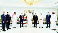 Qatar Chamber First Vice-Chairman, Mohamed bin Towar Al Kuwari, with Deputy Foreign Minister of Uzbekistan, H E Furqat Sidikov, and other officials, during their meeting in Doha yesterday.  