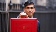 Britain's Chancellor of the Exchequer Rishi Sunak holds the budget box outside his office in Downing Street in London, Britain March 3, 2021. REUTERS/John Sibley
