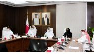 Qatar Chamber (QC) Chairman Sheikh Khalifa bin Jassim Al Thani (centre), and other QC officials, during the Chamber’s virtual second general assembly meeting yesterday. 