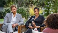 Britain's Prince Harry and Meghan, Duchess of Sussex, are interviewed by Oprah Winfrey in this undated handout photo. Harpo Productions/Joe Pugliese/Handout via REUTERS 