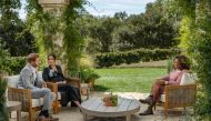 Britain's Prince Harry and Meghan, Duchess of Sussex, are interviewed by Oprah Winfrey in this undated handout photo. Harpo Productions/Joe Pugliese/Handout via REUTERS 
