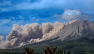 Mount Sinabung volcano erupts as seen from Kuta Rakyat village in Karo, North Sumatra Province, Indonesia March 11, 2021, in this photo taken by Antara Foto/Sastrawan Ginting/via Reuters