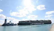 FILE PHOTO: Stranded container ship Ever Given, one of the world's largest container ships, after it ran aground, March 26. SCA/via REUTERS/File Photo