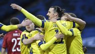 Sweden's Zlatan Ibrahimovic celebrates after teammate Viktor Claesson scores their first goal TT News Agency via REUTERS/Janerik Henriksson 